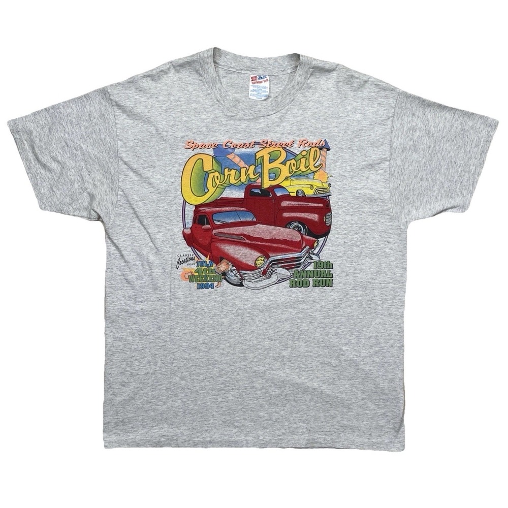 Vintage Space Coast Street Rods Corn Boil Hot Rod Cars July 4th T Shirt XL